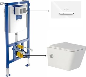 Set vas wc suspendat cu functie bideu, dreptunghiular, baterie crom Foglia Safari cu rezervor incastrat si clapeta de actionare dual-flush, alba cu 2