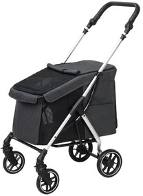 PawHut Cărucior pentru câini cu 4 roți, ușor și pliabil, pernă lavabilă, lesă de siguranță, ferestre multiple din plasă, gri | Aosom Romania