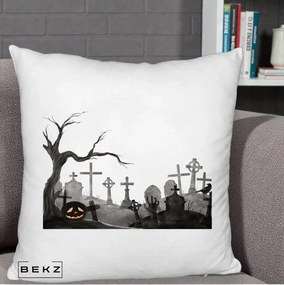 Perna Decorativa Halloween Cimitir Acuarela cu Dovleac, 40x40 cm, Alb Pufos, Husa Detasabila, Perna Inclusa, BEKZ®