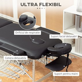 HOMCOM Pat de Masaj Pliabil cu Înălțime Reglabilă, Pat Profesional pentru Masaj din Aluminiu, 215x60x61-84 cm, Negru | Aosom Romania