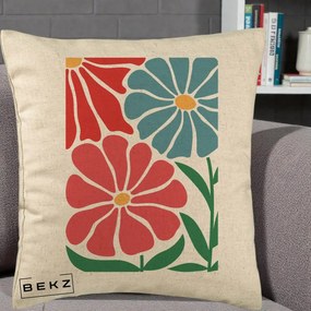 Perna Decorativa Flori Grafice Rosu-Albastru, 40x40 cm, Bej, Husa Detasabila, Perna Inclusa, BEKZ®