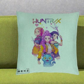Perna Personalizata K-pop HUNTRX Trio Foto cu Pisica, 40x40 cm, Verde Menta, Husa Detasabila, Perna Inclusa, BEKZ®