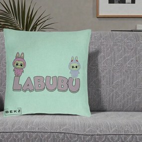 Perna Personalizata Labubu Duo Roz-Lila cu Text, 40x40 cm, Verde Menta, Husa Detasabila, Perna Inclusa, BEKZ®