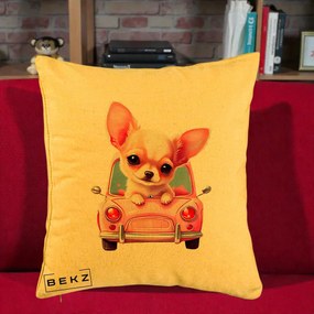 Perna Decorativa Chihuahua Roz in Masinuta, 40x40 cm, Galben, Husa Detasabila, Perna Inclusa, BEKZ®