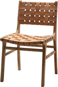 Scaun dining împletit din piele naturală și lemn de mango, maro, cu curele țesute pe șezut și spătar, 85 x 51 x 50 cm, „Itura”