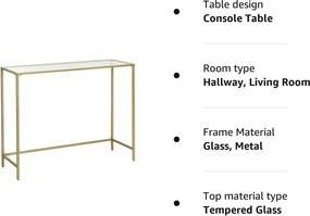 Consola Minimalist, Vasagle, 100 x 35 x 80 cm, otel/sticla temperata, auriu