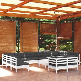 vidaXL Set mobilier de grădină cu perne, 13 piese, alb, lemn de pin