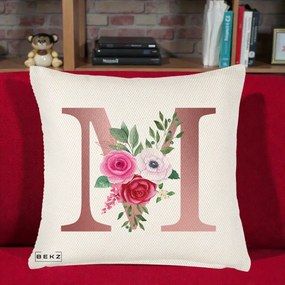 Cadou Personalizat - Perna Personalizata Monograma Rose Gold Litera M cu Trandafiri, 40x40 cm, Crem Reliefat, Husa Detasabila, Perna Inclusa, BEKZ®