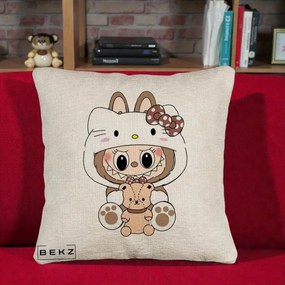 Perna Personalizata Labubu x Hello Kitty Maro-Vintage, 40x40 cm, Bej Canapea, Husa Detasabila, Perna Inclusa, BEKZ®