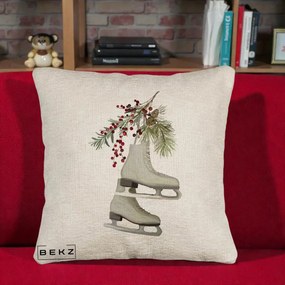 Perna Decorativa Patine cu Ramuri de Brad si Afine, 40x40 cm, Bej Canapea, Husa Detasabila, Perna Inclusa, BEKZ®