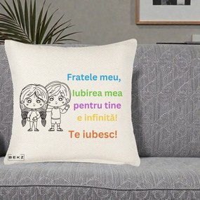 Cadou pentru Frate - Perna Personalizata Fratele Meu Te Iubesc Copii Anime Colorat, 40x40 cm, Crem Reliefat, Husa Detasabila, Perna Inclusa, BEKZ®