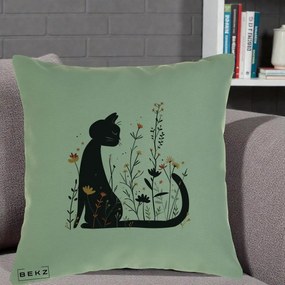 Perna Decorativa Pisica Neagra Flori Portocalii Silueta, 40x40 cm, Verde, Husa Detasabila, Perna Inclusa, BEKZ®