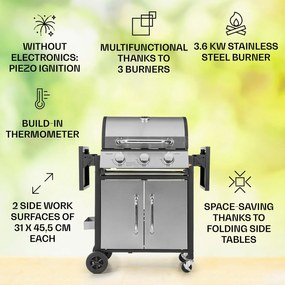 Tomahawk, grătar cu gaz, 3 arzătoare de 3,6 kW, 60 x 43,5 cm, grătar din oțel inoxidabil