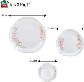 Set de masă Kinghoff KH 2035, 18 piese, pentru 6 persoane, sticlă opală, motiv floral, alb