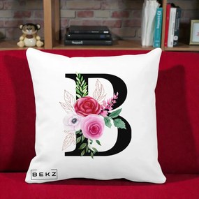Cadou Personalizat - Perna Personalizata Monograma Florala Litera B, 40x40 cm, Alba Mata, Husa Detasabila, Perna Inclusa, BEKZ®
