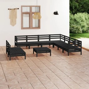 3083133 vidaXL Set mobilier de grădină, 10 piese, negru, lemn masiv de pin