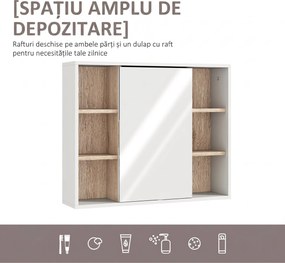 HOMCOM Dulap cu Oglinda din MDF si PAL, Dulap de Baie cu 3 Rafturi Laterale si Raft Interior Reglabil, 60x14.5x49.4 cm, Alb si Lemn Natur | Aosom RO