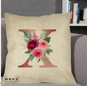 Cadou Personalizat - Perna Personalizata Monograma Rose Gold Litera X, 40x40 cm, Crem, Husa Detasabila, Perna Inclusa, BEKZ®