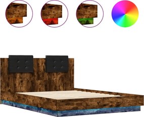 vidaXL Cadru de pat cu tăblie și LED, stejar fumuriu, 140x200 cm