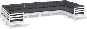 vidaXL Set mobilier de grădină cu perne, 10 piese, alb, lemn masiv pin
