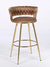 RESIGILAT- Scaun bar, cadru metalic și suport pentru picioare aurii, catifea, Maro