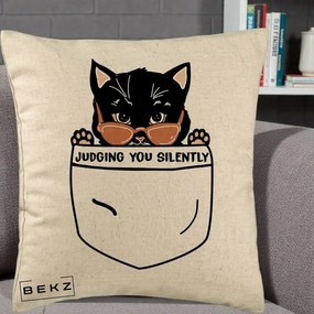 Perna Decorativa Judging You Silently Pisica Buzunar, 40x40 cm, Bej, Husa Detasabila, Perna Inclusa, BEKZ®
