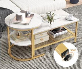 MCAU19 - Set 2 masute de cafea 80 cm si 52 cm, mese pentru living - Alb - Negru / Auriu