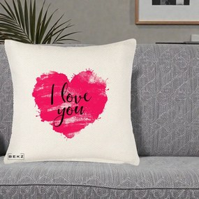 Cadou Romantic - Perna Personalizata I Love You Inima Roz, 40x40 cm, Crem Reliefat, Husa Detasabila, Perna Inclusa, BEKZ®
