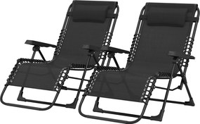 Outsunny Set de 2 șezlonguri pentru bronzat, șezlong pliant reglabil cu tetieră din textilenă, 90 x 65 x 112 cm, negru | Aosom Romania
