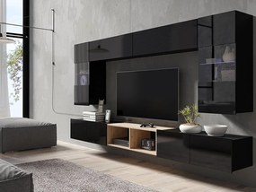 Mobilă pentru sufragerie Providence B142Negru lucios, Negru, Stejar Artisan, Cu comodă tv, Cu componente suplimentare, Părți separate, Sticlă, PAL laminat, 300x43cm, 118 kg