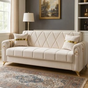 Canapea extensibila cu lada de depozitare 220x87x93 cm , bej si detalii aurii –Camara