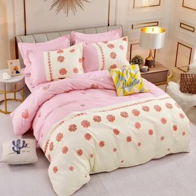 Lenjerie de pat cu 2 fete, tesatura tip finet, pat 2 persoane, crem / roz, 6 piese, FNJ-378