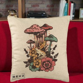 Perna Decorativa Ciuperci si Broaste Boho, 40x40 cm, Bej, Husa Detasabila, Perna Inclusa, BEKZ®