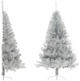vidaXL Jumătate brad de Crăciun cu suport, argintiu, 150 cm, PET