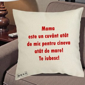 Cadou pentru Mama - Perna Personalizata Mama Cuvant Mic, 40x40 cm, Ecru, Husa Detasabila, Perna Inclusa, BEKZ®