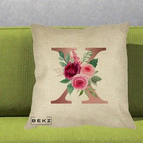 Cadou Personalizat - Perna Personalizata Monograma Rose Gold Litera X, 40x40 cm, Crem, Husa Detasabila, Perna Inclusa, BEKZ®