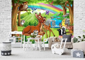 Fototapete Copii, Bambi si prietenii pe fundalul padurii si a unui curcubeu Art.030161