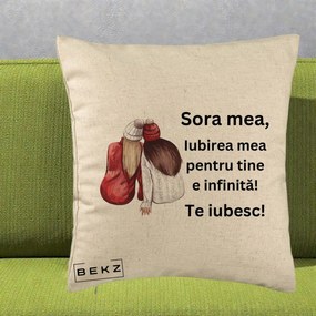 Cadou pentru Sora - Perna Personalizata Sora Mea Te Iubesc Doua Fete Iarna Acuarela, 40x40 cm, Bej, Husa Detasabila, Perna Inclusa, BEKZ®