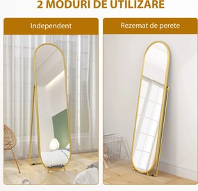 HOMCOM Oglindă Înaltă cu Cadru de Susținere, Oglindă Ovală pentru Dormitor sau Living, 40x4x160 cm, Auriu | Aosom Romania