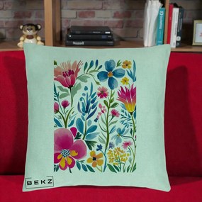 Perna Decorativa Gradina Florala Acuarela Colorata, 40x40 cm, Verde Menta, Husa Detasabila, Perna Inclusa, BEKZ®