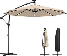 Outsunny Umbrelă cu braț lateral LED Solar cca. Ø300 cm Rotativă Umbrelă cu manivelă Suport Husă de protecție Bej | Aosom Romania