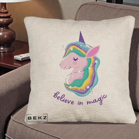 Perna Decorativa Unicorn Believe in Magic, 40x40 cm, Bej Canapea, Husa Detasabila, Perna Inclusa, BEKZ®