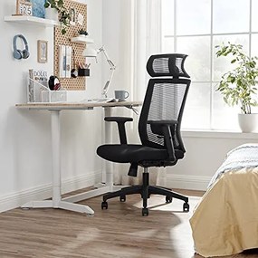 Scaun de birou ergonomic, cu tetiera, metal / textil, negru, Songmics