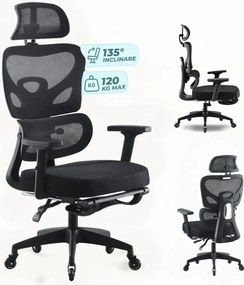 Scaun ergonomic, cotiere 3D, suport lombar adaptiv, spătar reglabil pe inaltime, tetiera 3D, suport pentru picioare, pivotant, Mesh, Negru