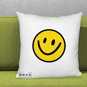 Perna Decorativa Smiley Face Galben Clasic, 40x40 cm, Alb Pufos, Husa Detasabila, Perna Inclusa, BEKZ®