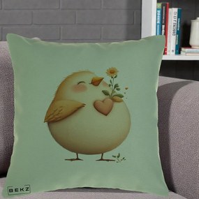 Perna Decorativa Pui cu Inima si Floarea-Soarelui, 40x40 cm, Verde, Husa Detasabila, Perna Inclusa, BEKZ®