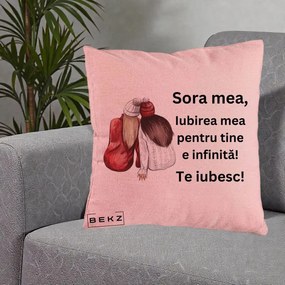 Cadou pentru Sora - Perna Personalizata Sora Mea Te Iubesc Doua Fete Iarna Acuarela, 40x40 cm, Roz, Husa Detasabila, Perna Inclusa, BEKZ®