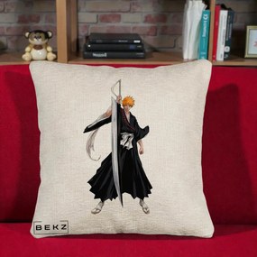 Perna Personalizata Bleach Ichigo Kurosaki Zangetsu, 40x40 cm, Bej Canapea, Husa Detasabila, Perna Inclusa, BEKZ®