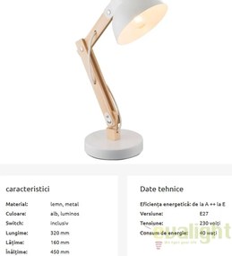 Veioza / Lampa de masa moderna Tongariro alba 21502 GL