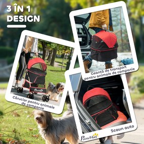 PawHut Cărucior pentru Câini Pliabil și Convertibil în Geantă de Transport cu 2 Lese și Pernă, 82x49.5x98 cm, Roșu | Aosom Romania